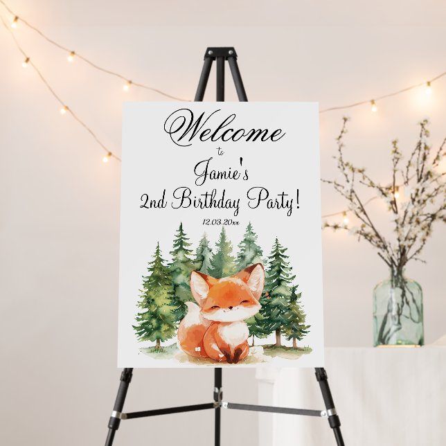 Whimsical Woodland Fox 2nd Birthday Party Welcome Foam Board (In Situ (Stand))