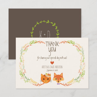 Whimsical Woodland Fox & Cat Wedding Thank You Card