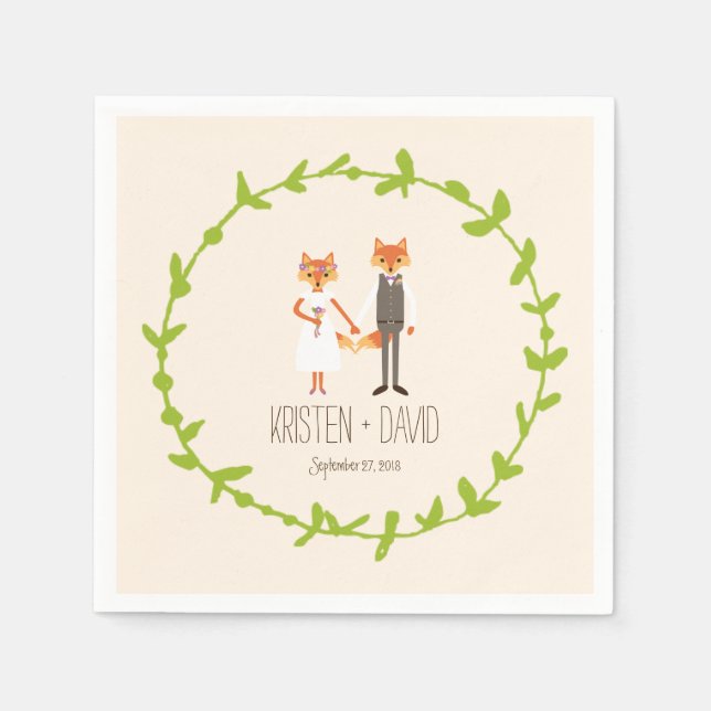 Whimsical Woodland Foxes Ivory wedding Paper Napkins (Front)