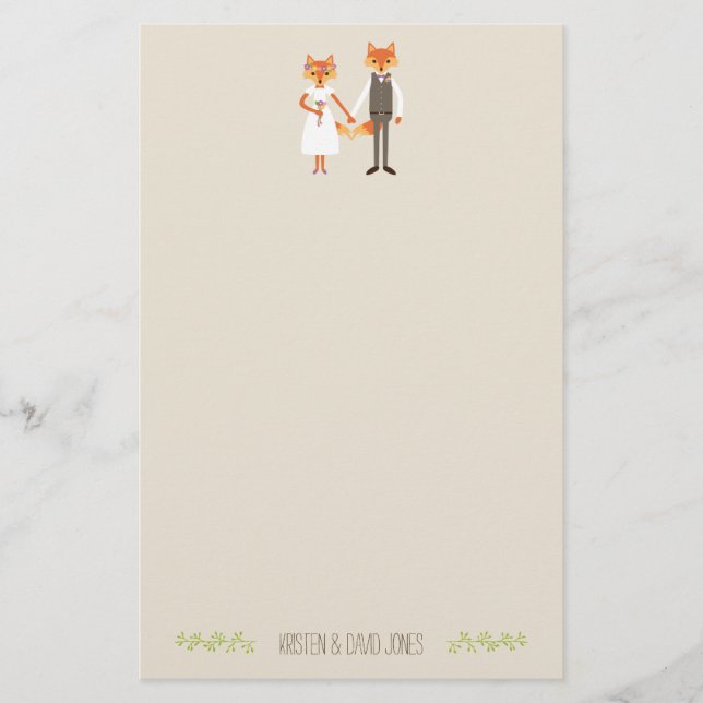 Whimsical Woodland Foxes Wedding Personalized Stationery (Front)