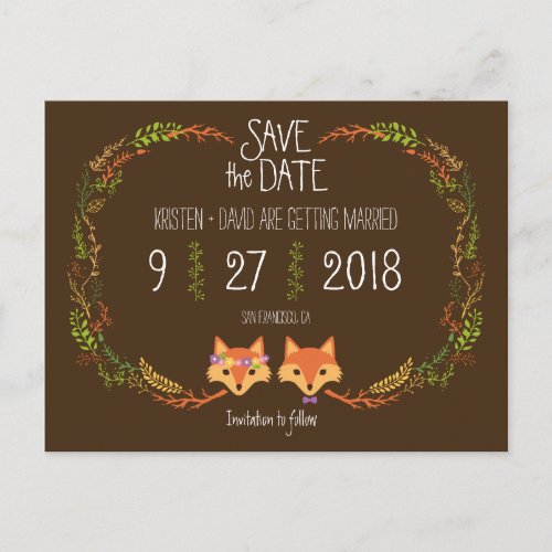 Whimsical Woodland Foxes wedding Save the Date Announcement Postcard