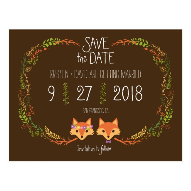 Whimsical Woodland Foxes Wedding Save The Date Postcard