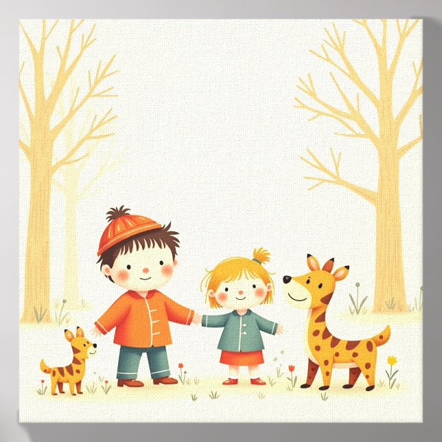 Whimsical Woodland Friends - Cute Autumn Kids & An Canvas Photo Tile (Front Set)