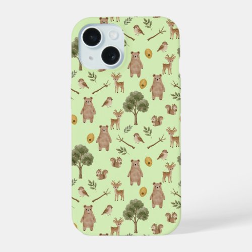 Whimsical Woodland Friends Watercolor Pattern iPhone 15 Case
