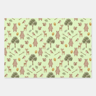 Whimsical Woodland Friends Watercolor Pattern Wrapping Paper Sheets