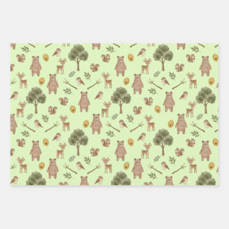 Whimsical Woodland Friends Watercolor Pattern Wrapping Paper Sheets
