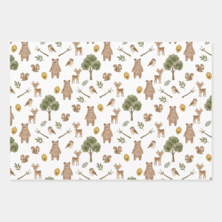 Whimsical Woodland Friends Watercolor Pattern Wrapping Paper Sheets