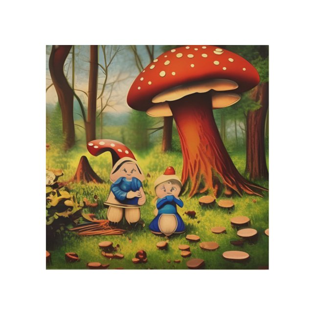 Whimsical Woodland Gnome Wooden Mushroom Couple Wood Wall Art (Front)