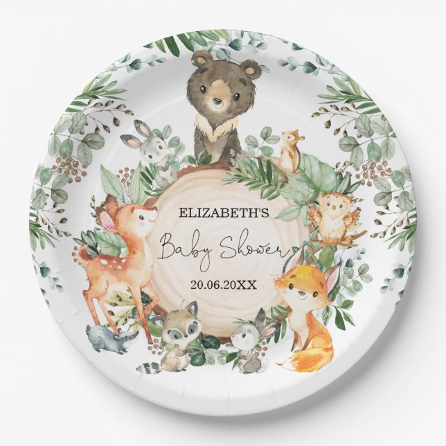 Whimsical Woodland Greenery Animals Baby Shower Paper Plates (Front)