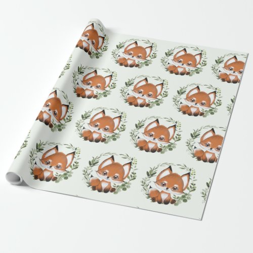 Whimsical Woodland Greenery Baby Fox Wrapping Paper