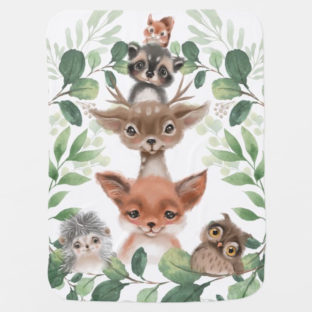 Whimsical Woodland Leafy Forest Animals Nursery Baby Blanket (Front)