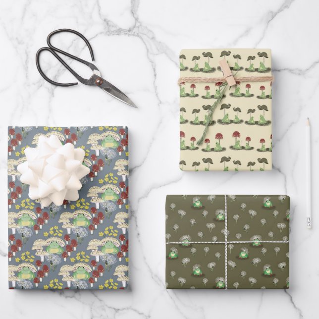 Whimsical Woodland Mushroom Frogs - "Hop Couture" Wrapping Paper Sheets (Front)