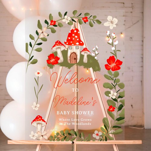 Whimsical woodland mushrooms floral baby shower acrylic sign