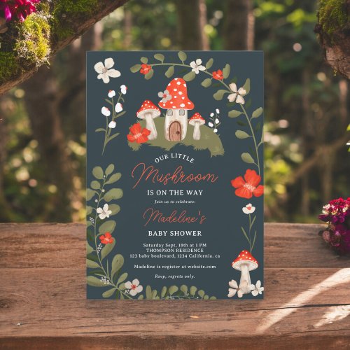 Whimsical woodland mushrooms floral baby shower invitation