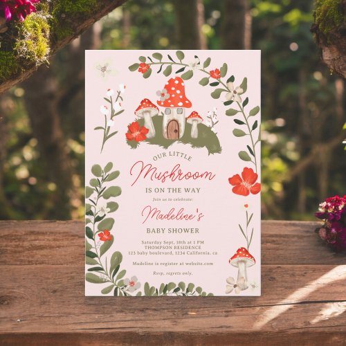 Whimsical woodland mushrooms floral baby shower invitation