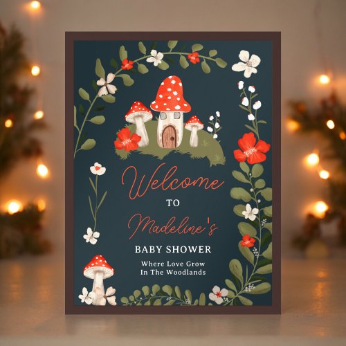 Whimsical woodland mushrooms floral baby shower poster