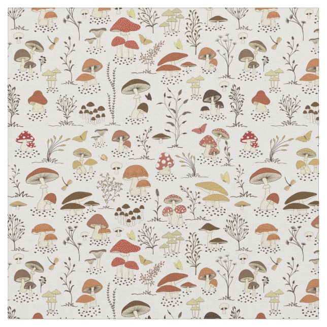 Whimsical Woodland Mushrooms Pattern Fabric (Close Up)