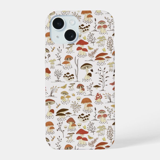 Whimsical Woodland Mushrooms Pattern iPhone 15 Case (Back)