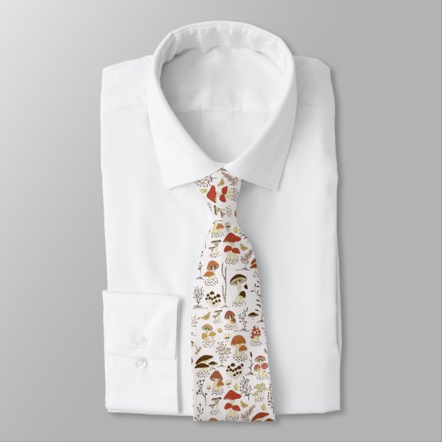 Whimsical Woodland Mushrooms Pattern Neck Tie (Tied)