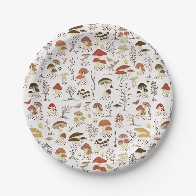 Whimsical Woodland Mushrooms Pattern Paper Plates (Front)