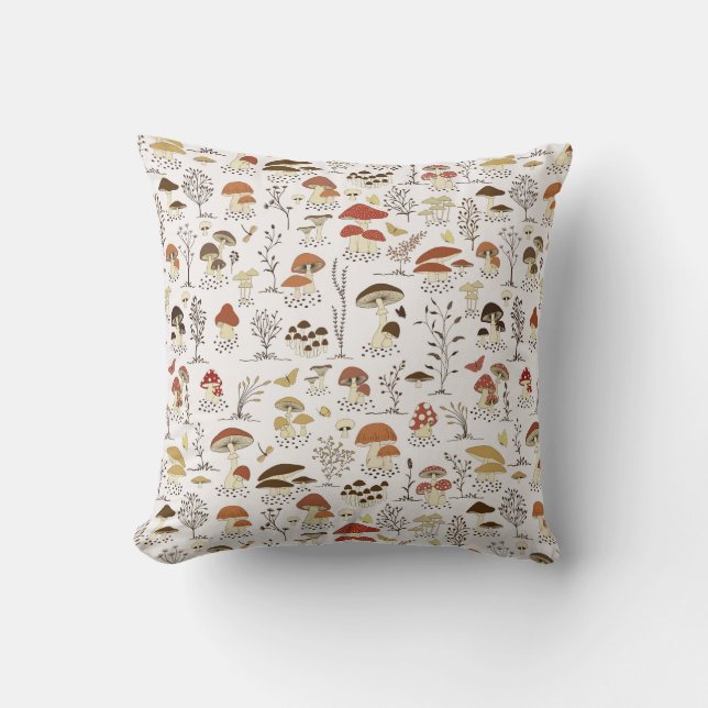 Whimsical Woodland Mushrooms Pattern Throw Pillow (Front)