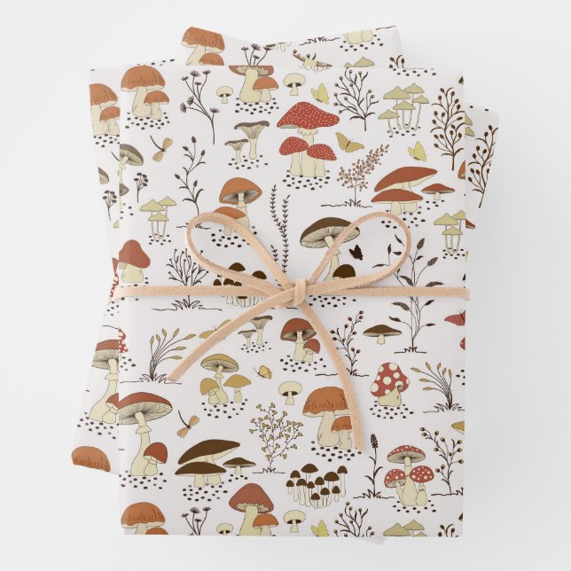 Whimsical Woodland Mushrooms Pattern Wrapping Paper Sheets (In situ)
