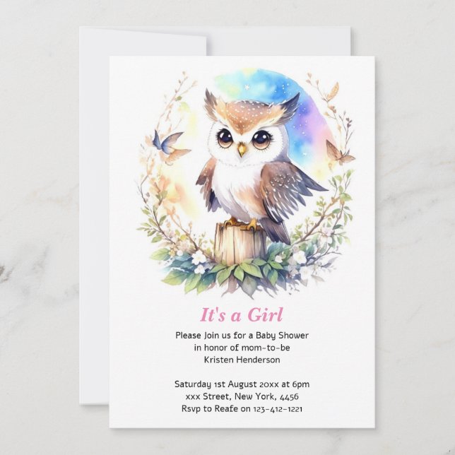 Whimsical Woodland Owl Baby Girl Shower Invitation (Front)