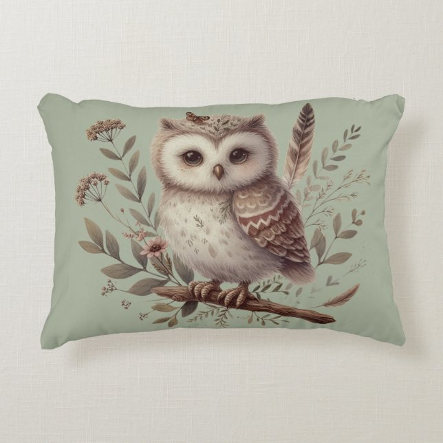 Whimsical Woodland Owl Botanical Illustration Accent Pillow (Front)