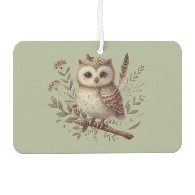 Whimsical Woodland Owl Botanical Illustration Air Freshener (Front)