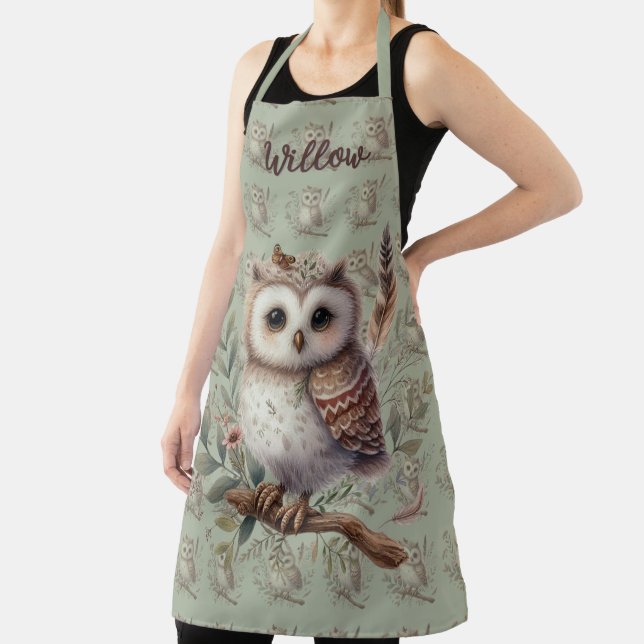 Whimsical Woodland Owl Botanical Illustration Apron (Insitu)