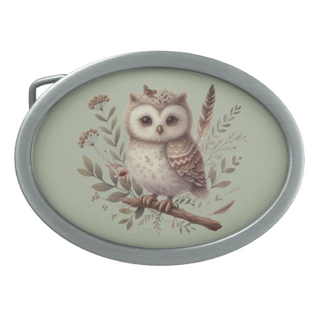 Whimsical Woodland Owl Botanical Illustration Belt Buckle (Front)