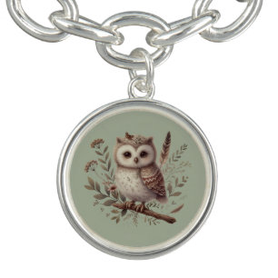Whimsical Woodland Owl Botanical Illustration Bracelet