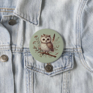 Whimsical Woodland Owl Botanical Illustration Button