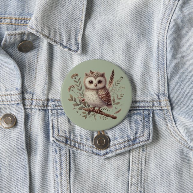 Whimsical Woodland Owl Botanical Illustration Button (In Situ)