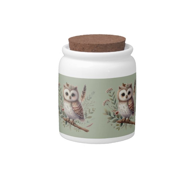 Whimsical Woodland Owl Botanical Illustration Candy Jar (Front)