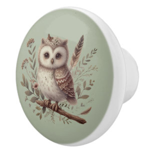 Whimsical Woodland Owl Botanical Illustration Ceramic Knob