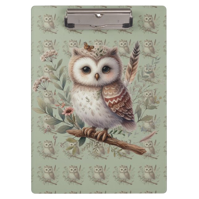 Whimsical Woodland Owl Botanical Illustration Clipboard (Front)