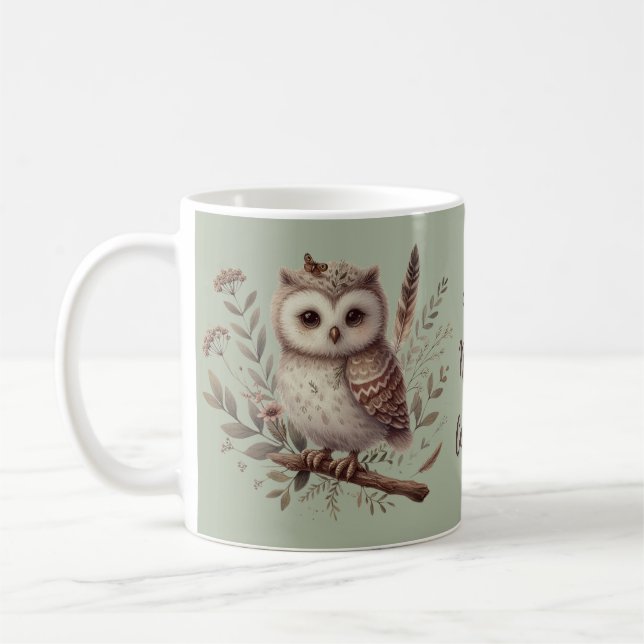 Whimsical Woodland Owl Botanical Illustration Coffee Mug (Left)