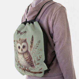 Whimsical Woodland Owl Botanical Illustration Drawstring Bag