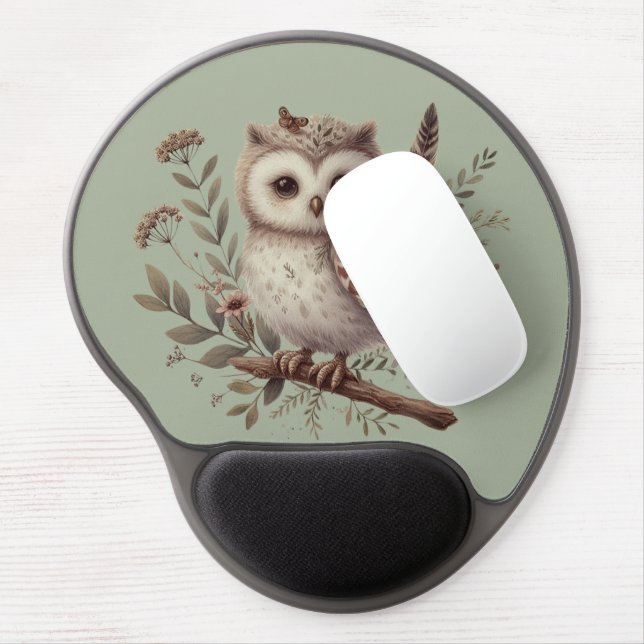 Whimsical Woodland Owl Botanical Illustration Gel Mouse Pad (Left Side)