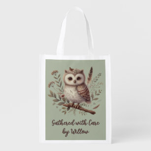 Whimsical Woodland Owl Botanical Illustration Grocery Bag