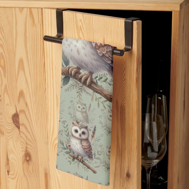 Whimsical Woodland Owl Botanical Illustration Kitchen Towel (Thirds Fold)