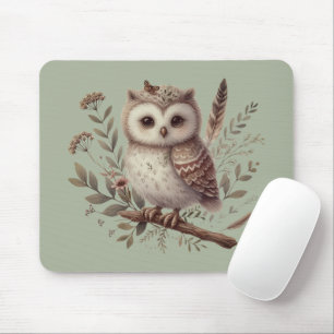 Whimsical Woodland Owl Botanical Illustration Mouse Pad