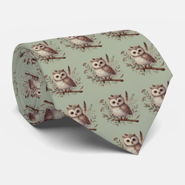 Whimsical Woodland Owl Botanical Illustration Neck Tie (Rolled)