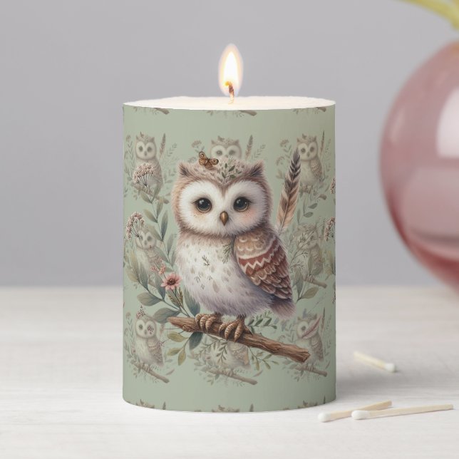Whimsical Woodland Owl Botanical Illustration Pillar Candle (In Situ)
