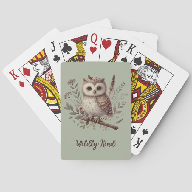Whimsical Woodland Owl Botanical Illustration Poker Cards (Back)