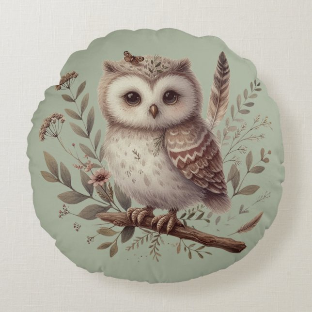 Whimsical Woodland Owl Botanical Illustration Round Pillow (Front)