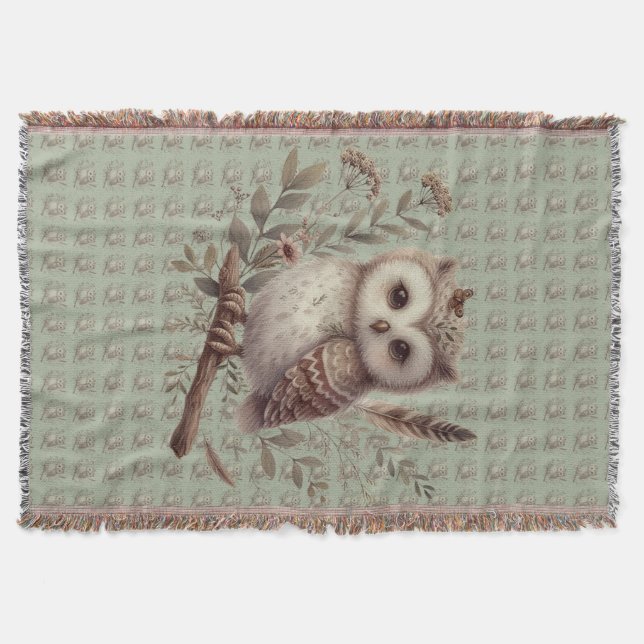Whimsical Woodland Owl Botanical Illustration Throw Blanket (Front)