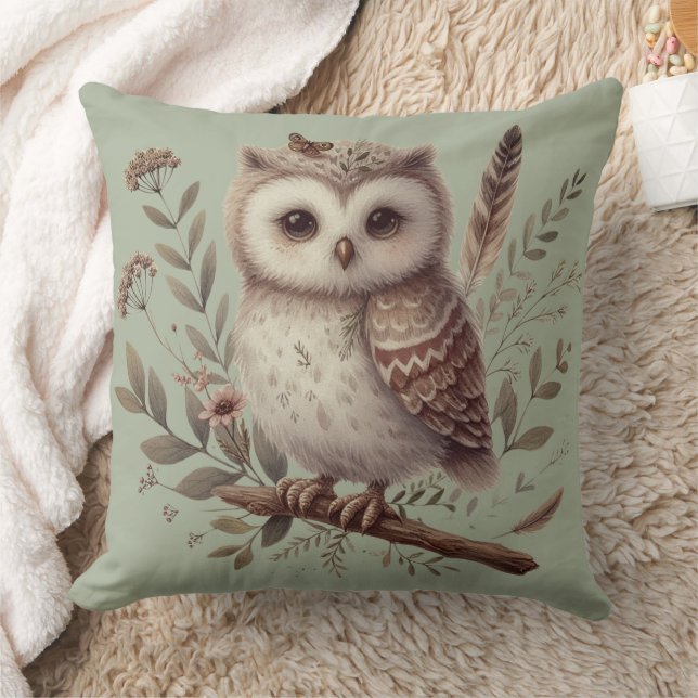 Whimsical Woodland Owl Botanical Illustration Throw Pillow (Blanket)