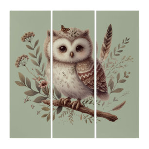 Whimsical Woodland Owl Botanical Illustration Triptych